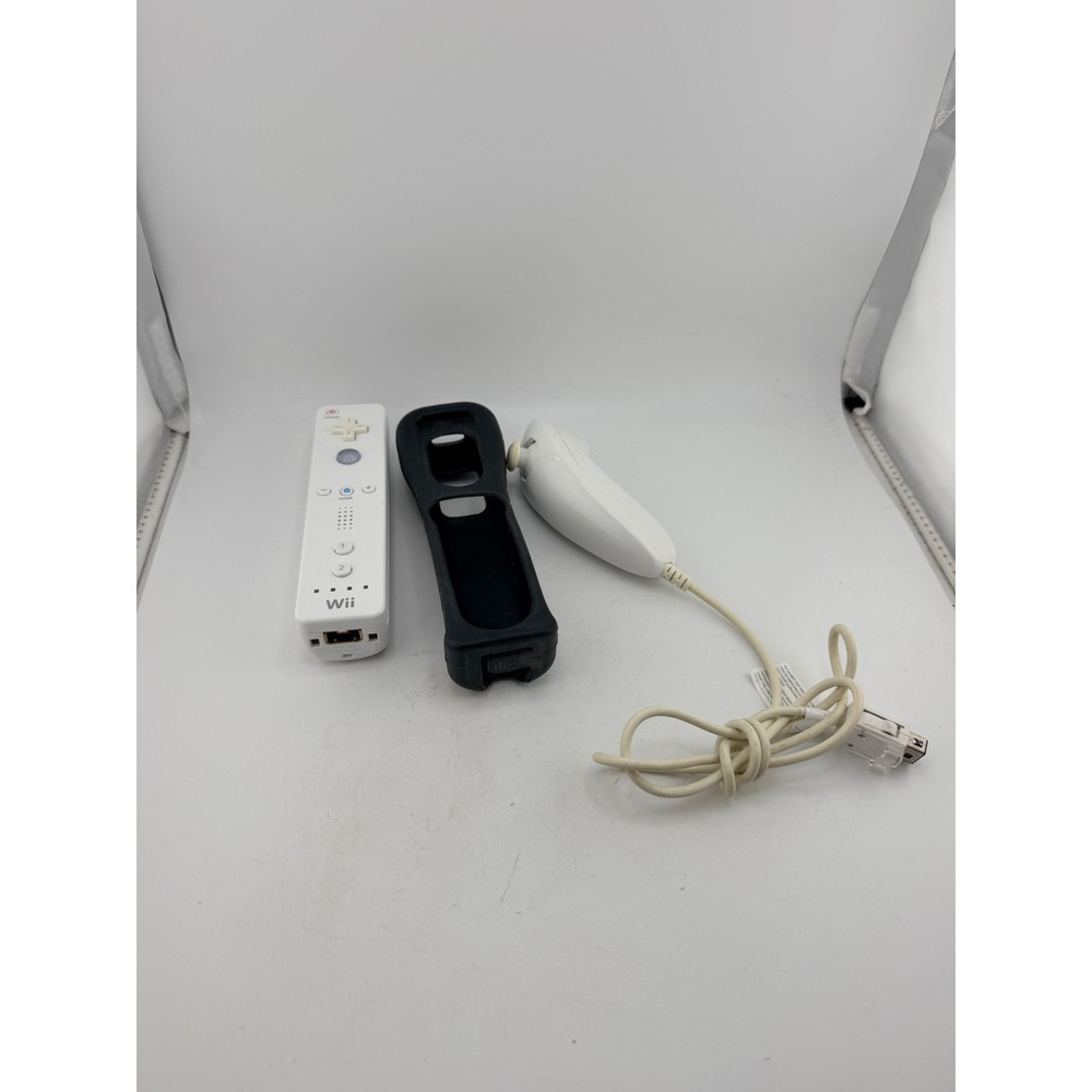 Nintendo Wii Remote RVL-003 White with Nunchuk and Black Silicone Sleeve Bundle